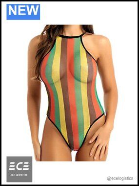 Push Up Rainbow Striped Mesh Bodysuit Bikini Rave Festival Swimwear